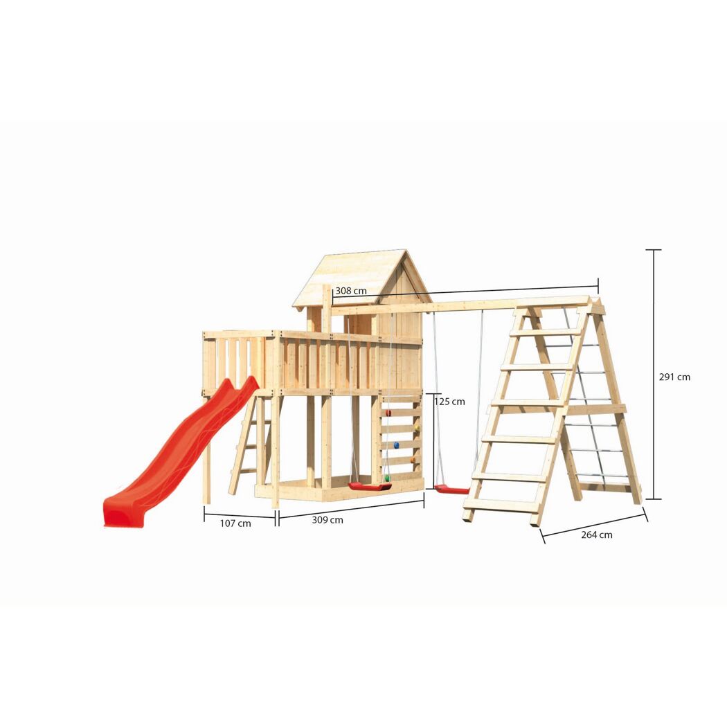 Spielturm aus Holz mit Rutsche und Schaukel