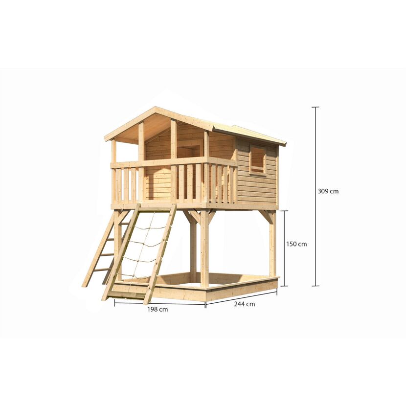 Spielhaus aus Holz mit Sandkasten