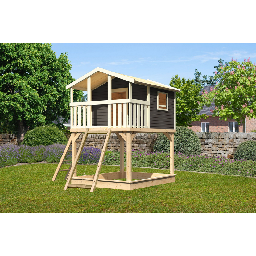 Spielhaus aus Holz mit Sandkasten