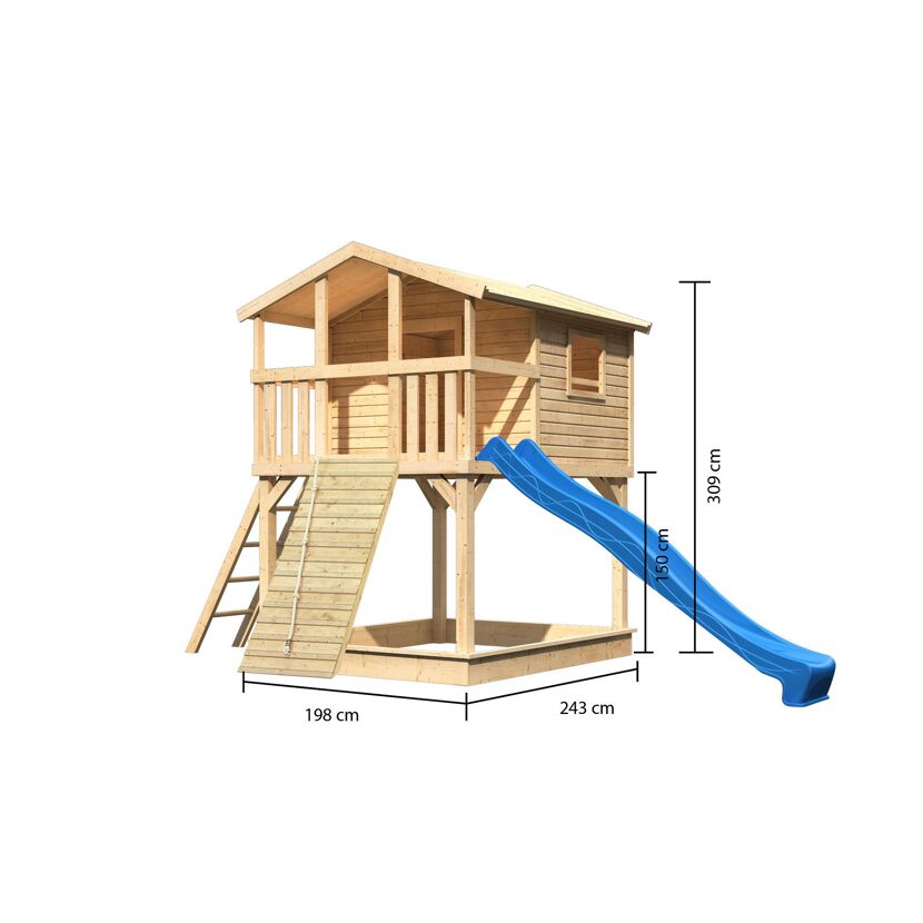 Spielhaus aus Holz mit Rutsche und Sandkasten