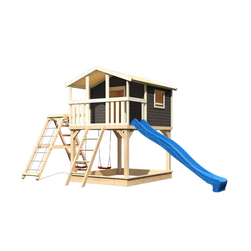 Spielhaus aus Holz mit Rutsche und Schaukel