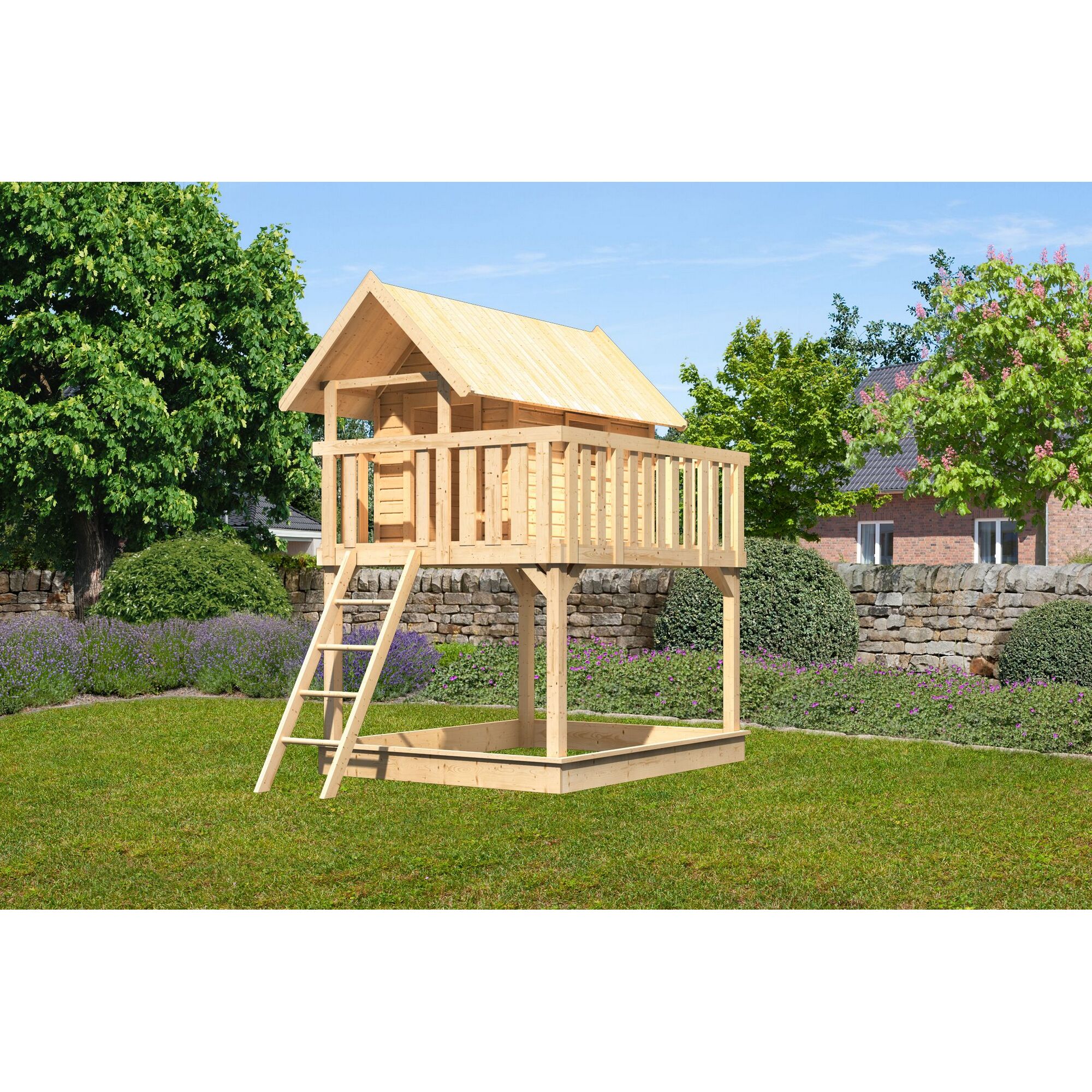 Spielhaus aus Holz mit Sandkasten