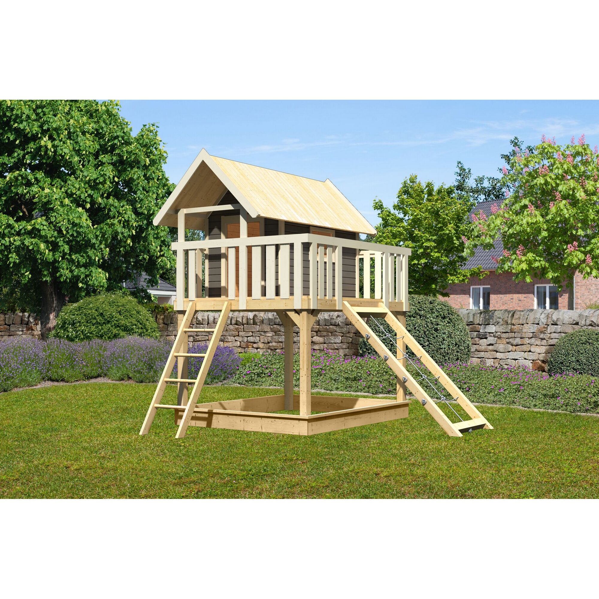 Spielhaus aus Holz mit Rutsche und Sandkasten