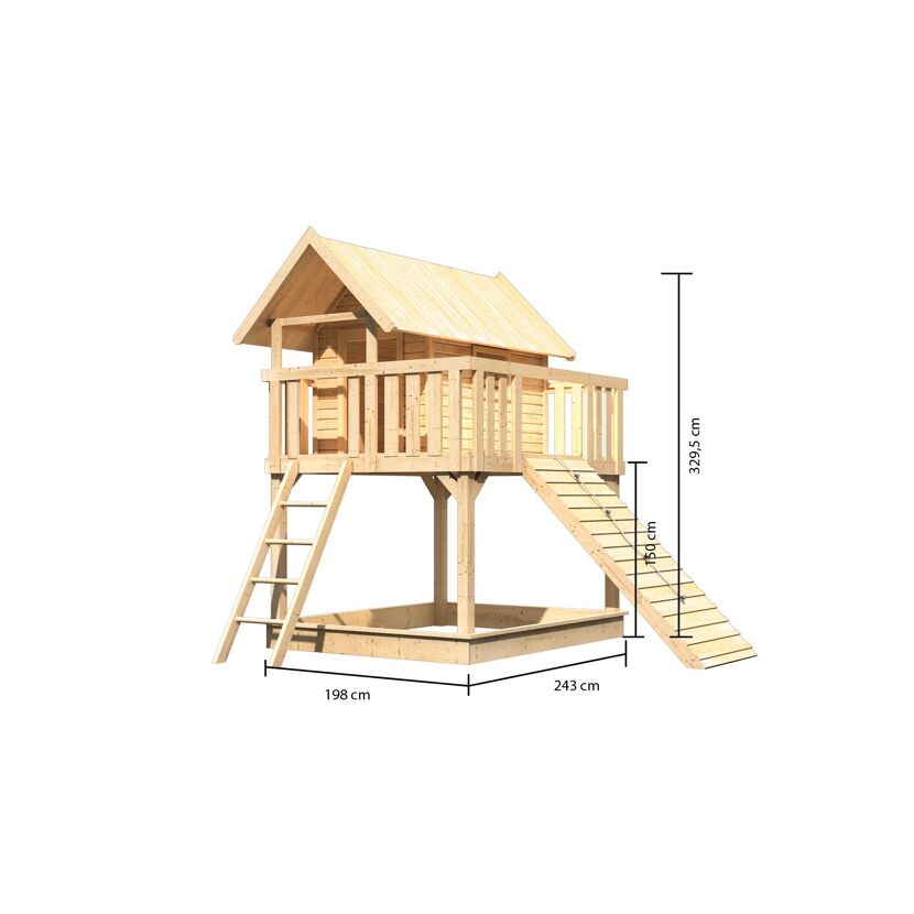 Hölzernes Spielhaus mit Rutsche und Sandkasten