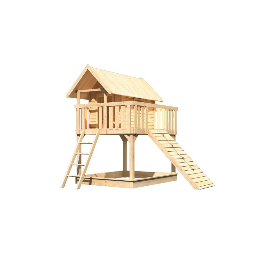 Hölzernes Spielhaus mit Rutsche und Sandkasten