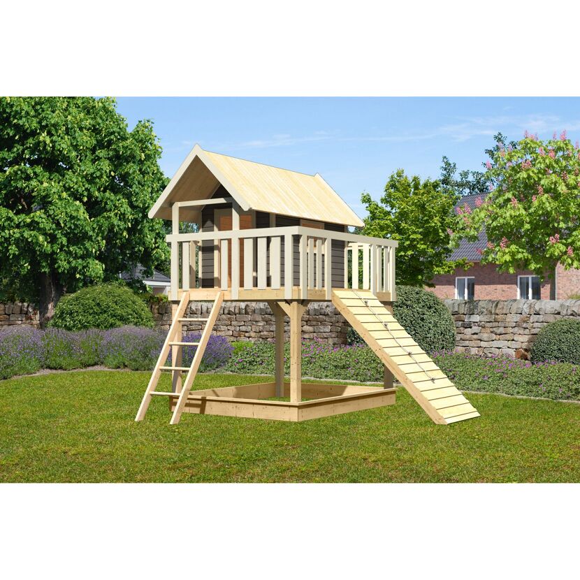 Spielhaus aus Holz mit Rutsche und Sandkasten