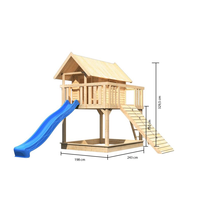 Spielhaus aus Holz mit Rutsche