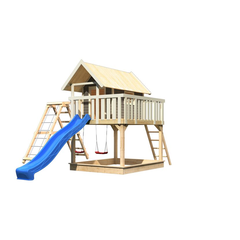 Spielhaus aus Holz mit Rutsche und Schaukel