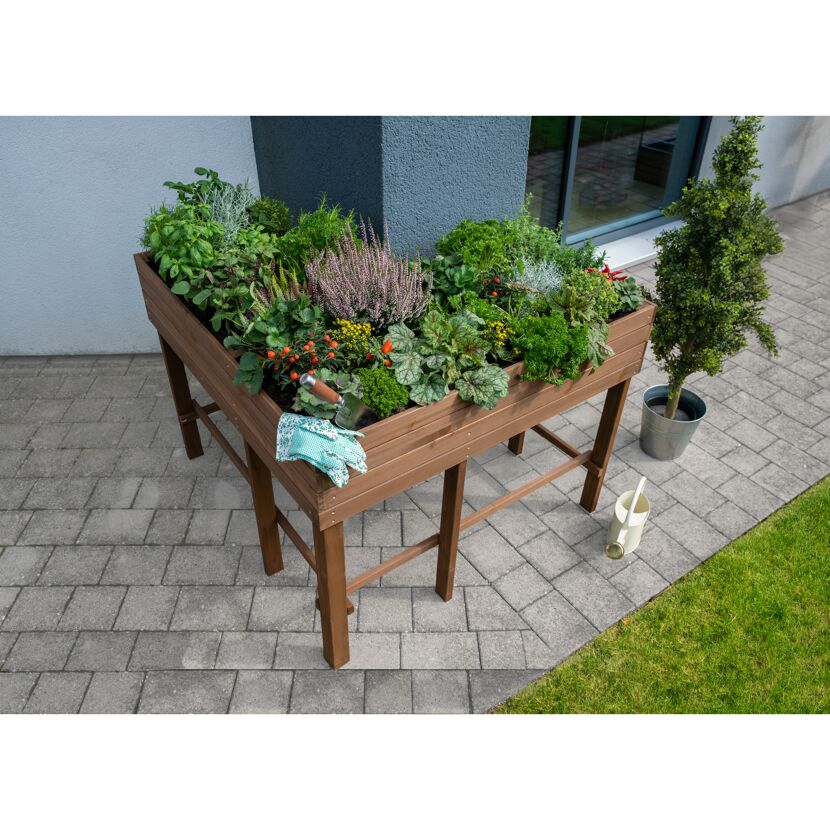 Erhöhtes Eck-Hochbeet aus Holz mit Kräutern