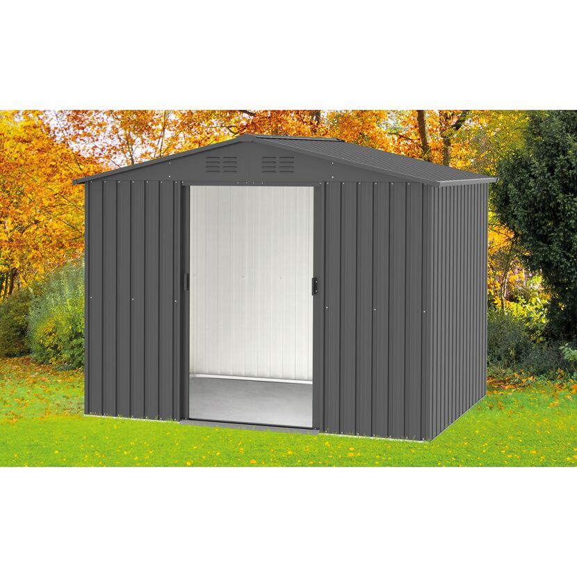 Graues Gartenhaus mit geöffneter Doppeltür
