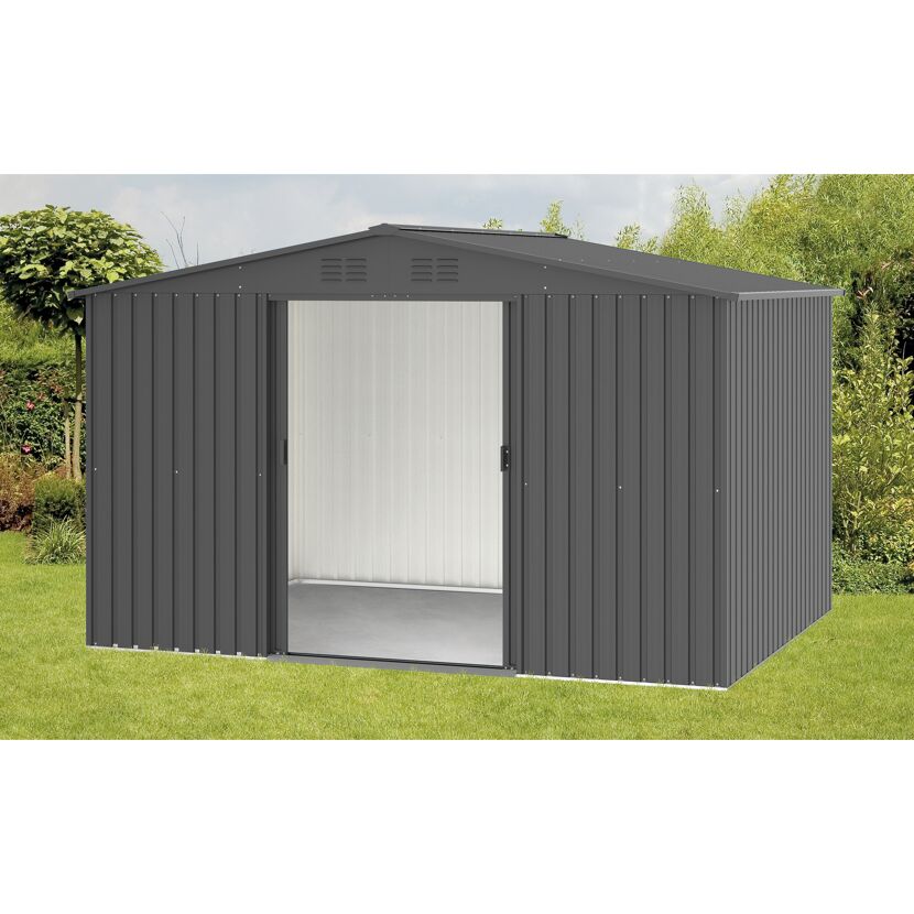 Graues Gartenhaus mit geöffneten Türen