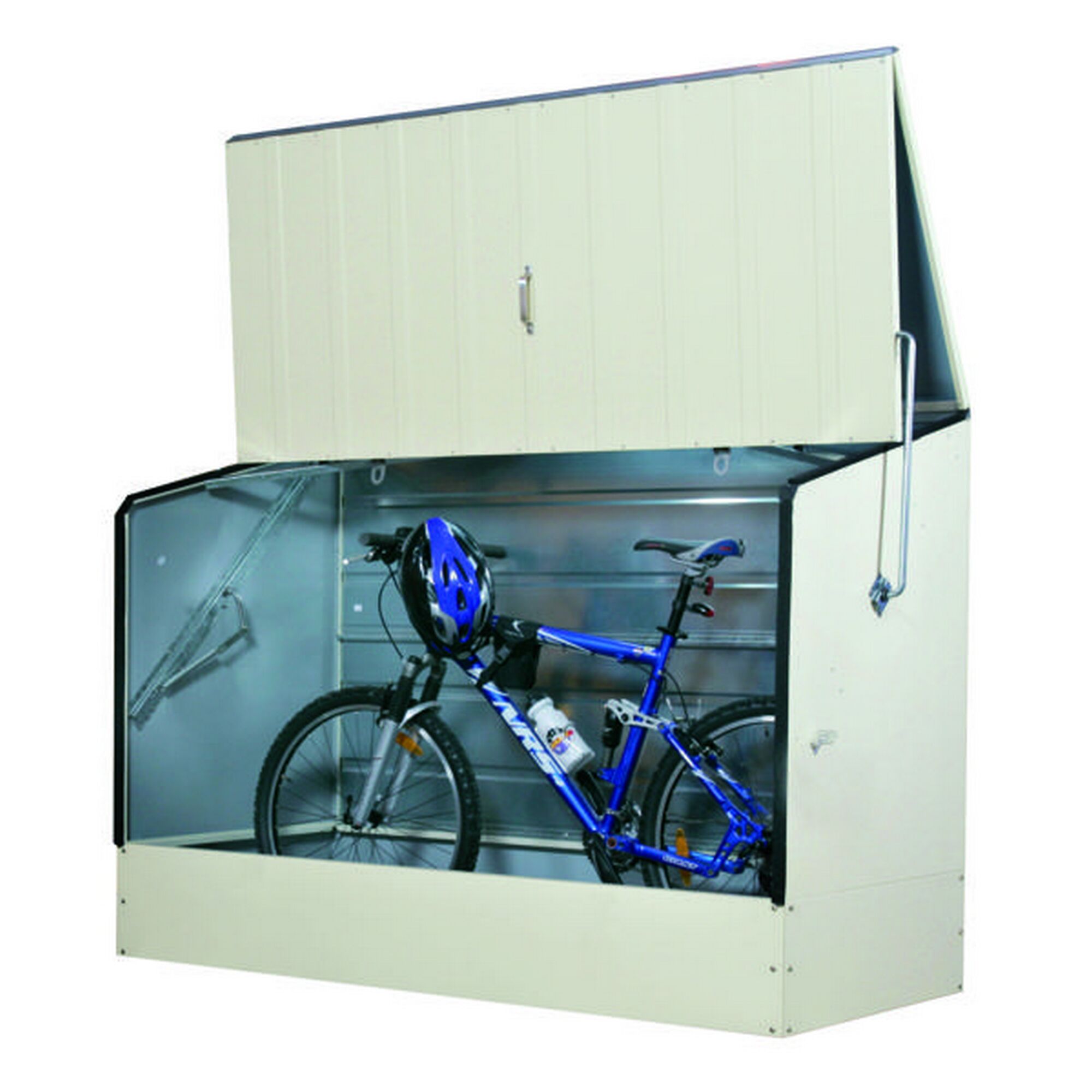Beiger Fahrradschrank mit offenem Deckel und Fahrrad darin