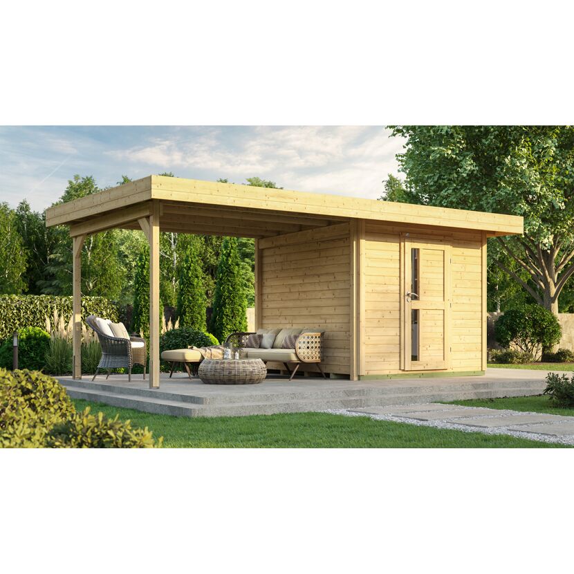 Gartenhaus mit Überdachung und Gartenmöbeln