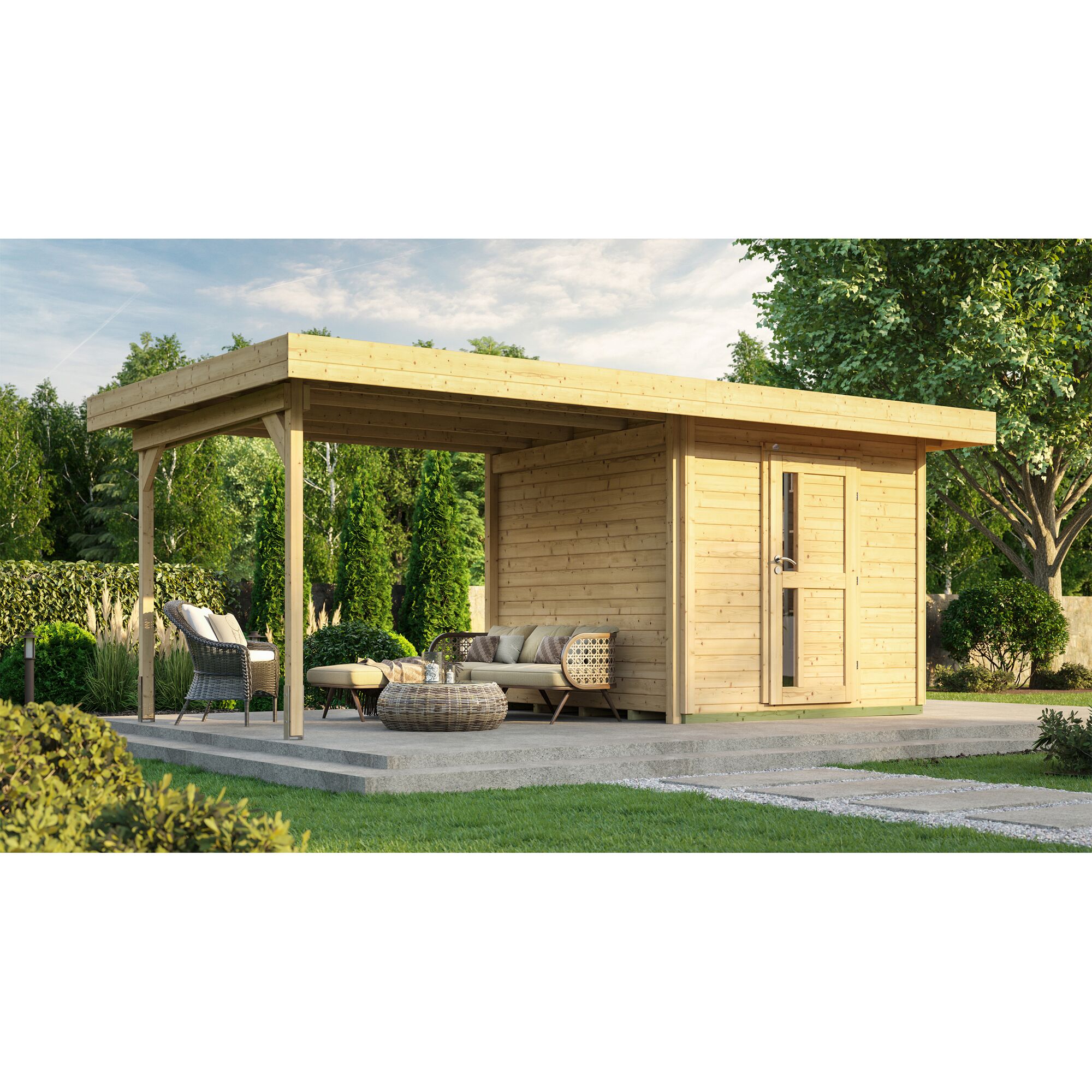Gartenhaus mit Überdachung und Gartenmöbeln