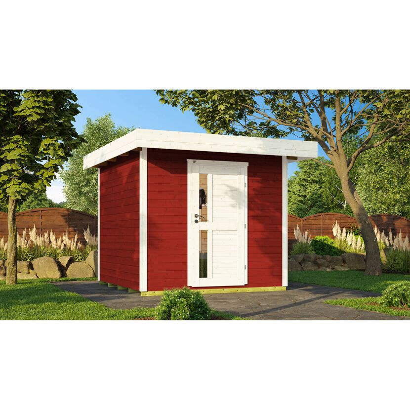 Rotes Gartenhaus mit weißer Tür