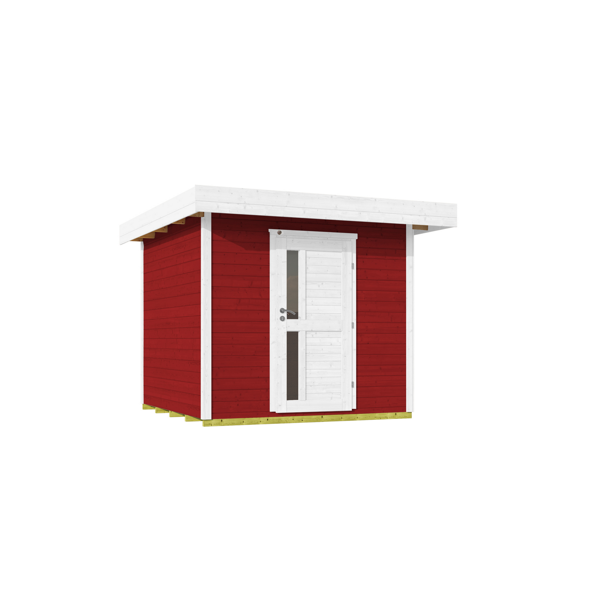 Rotes Gartenhaus mit weißem Dach und Tür
