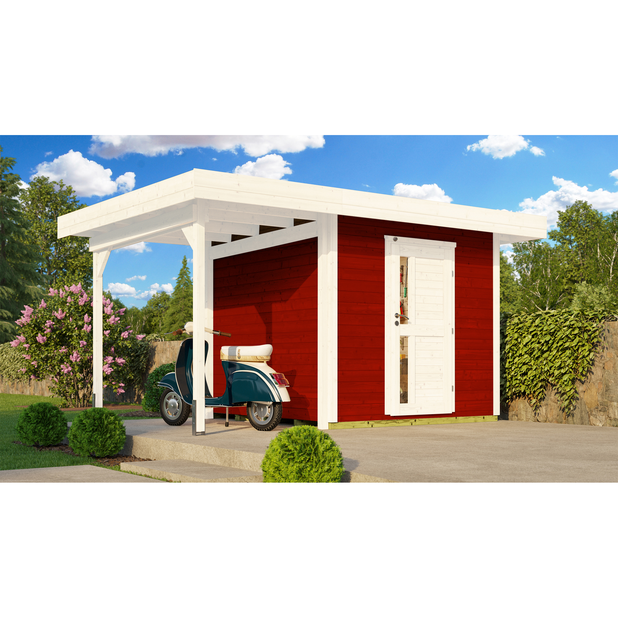 Rotes Gartenhaus mit Roller unter Überdach