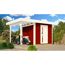Rotes Gartenhaus mit Roller unter Überdach