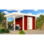 Rotes Gartenhaus mit Roller unter Überdach