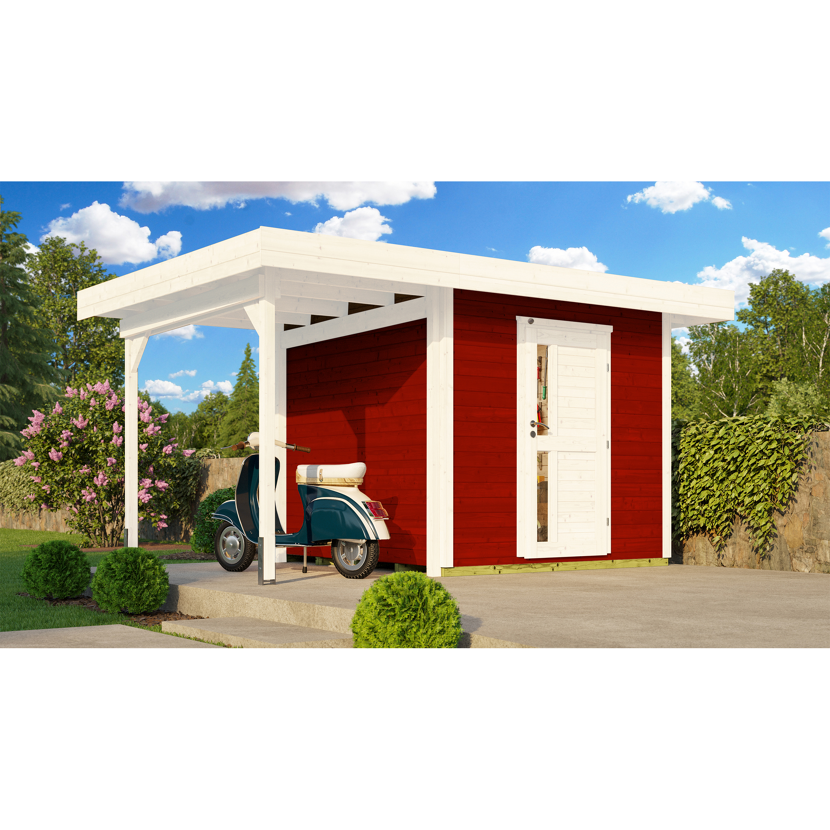 Rotes Gartenhaus mit Roller unter Überdach