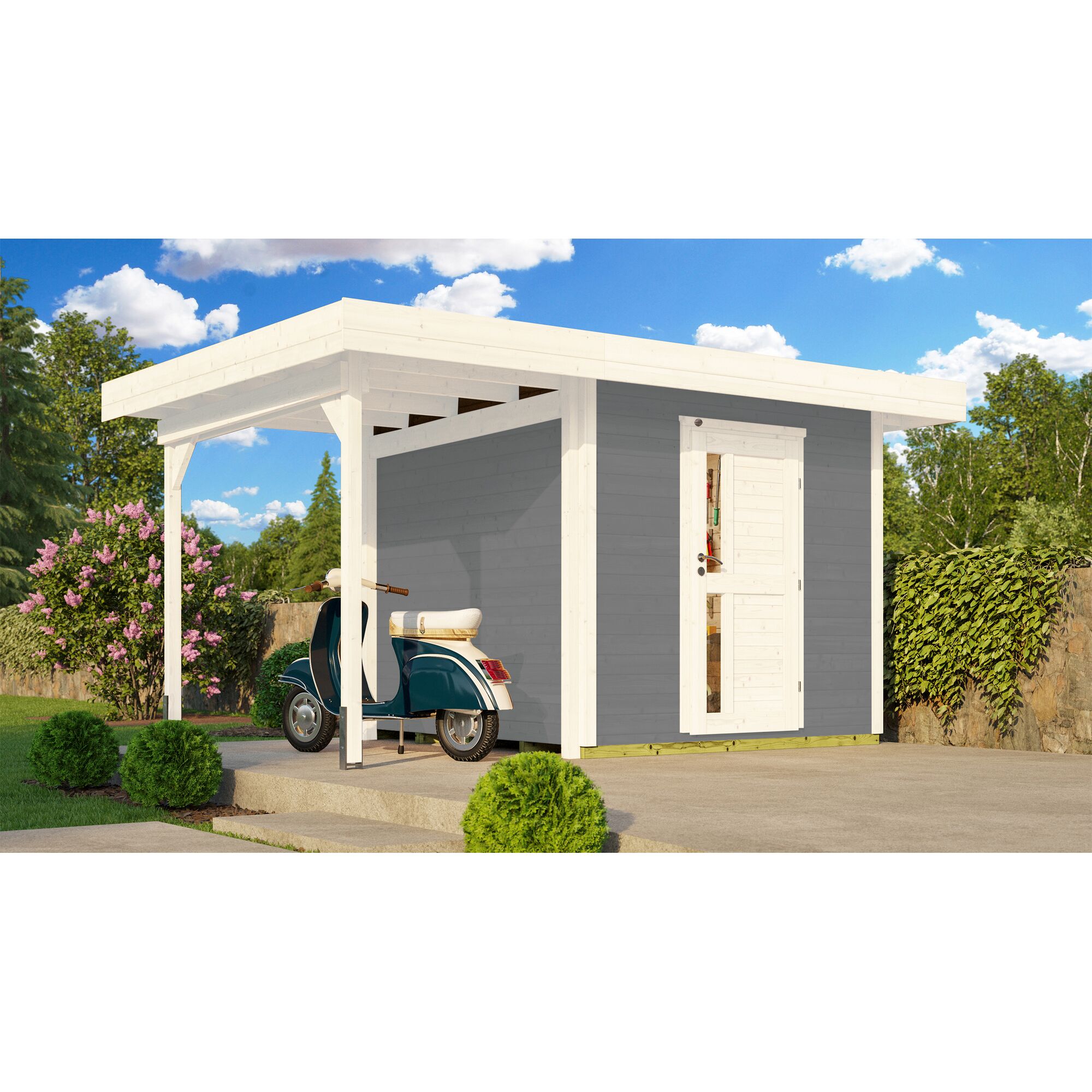 Gartenhaus mit Überdachung und Roller