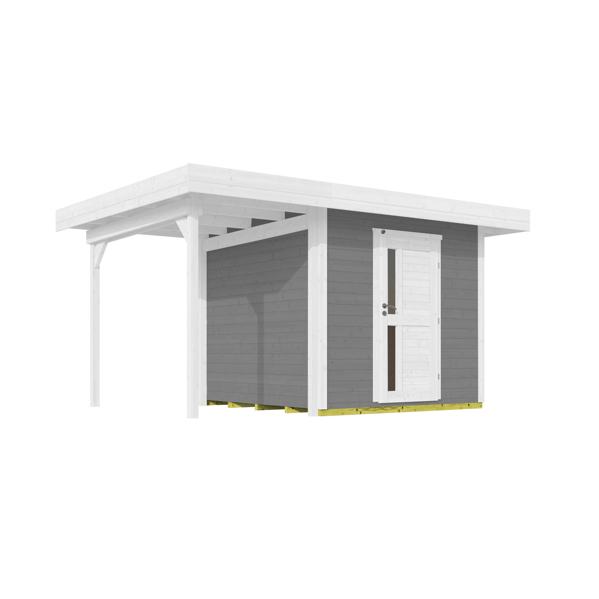 Grauer Geräteschuppen mit weißem Dach