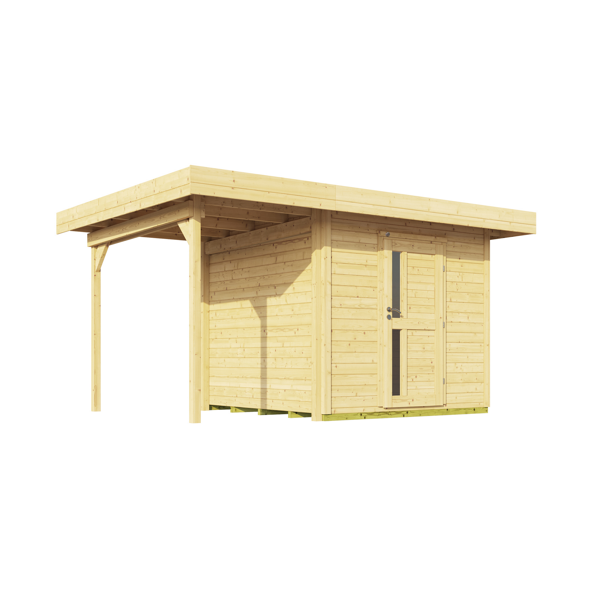 Holzschuppen mit Flachdach und Anbauschuppen