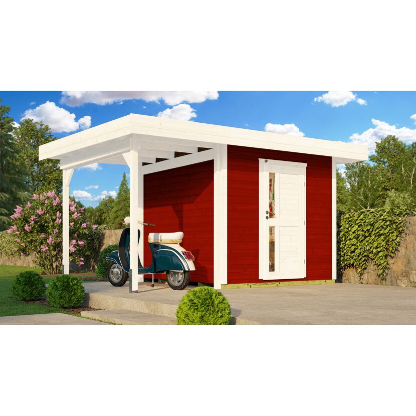 Rotes Gartenhaus mit weißem Dach und Vespa davor