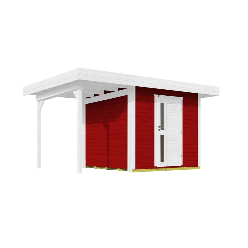 Rotes Gartenhaus mit weißer Tür und Vordach