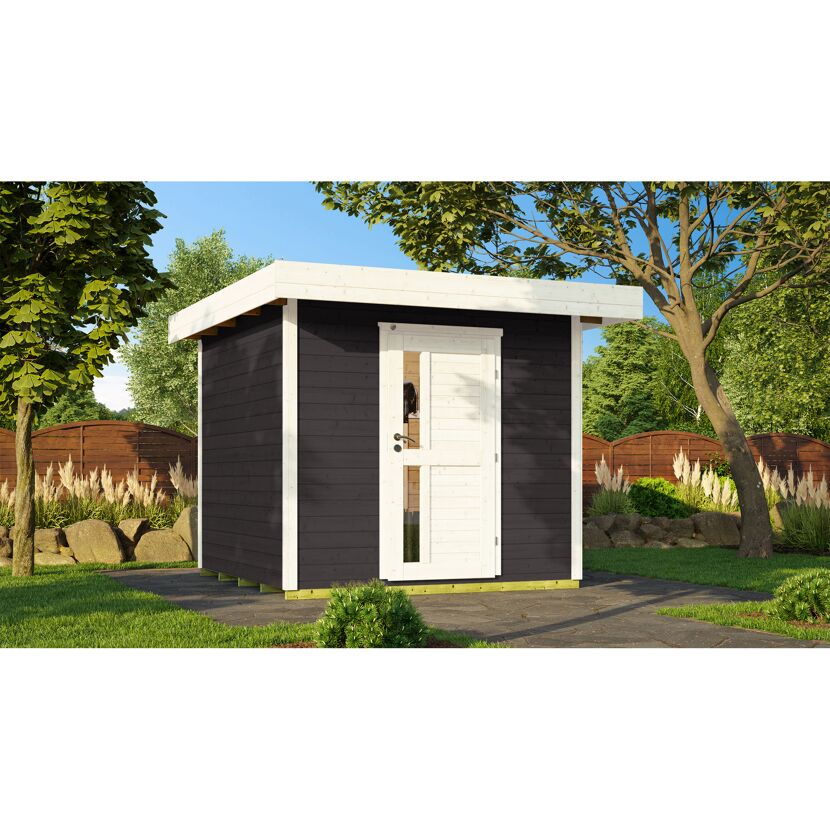 Gartenhaus aus Holz mit weißer Tür