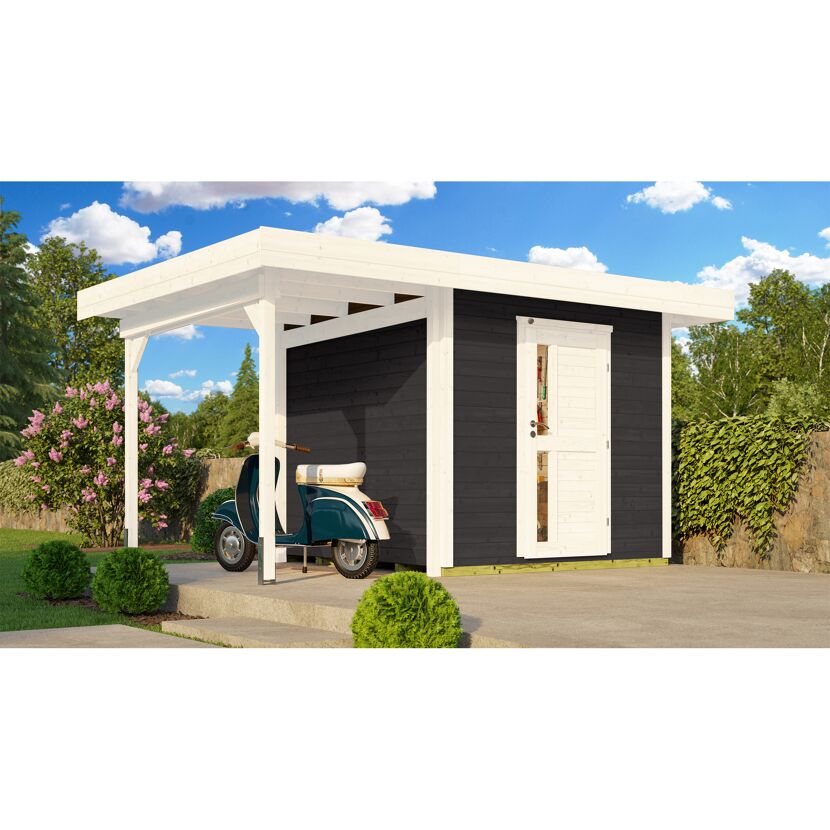 Schwarzer Gartenhaus mit Roller