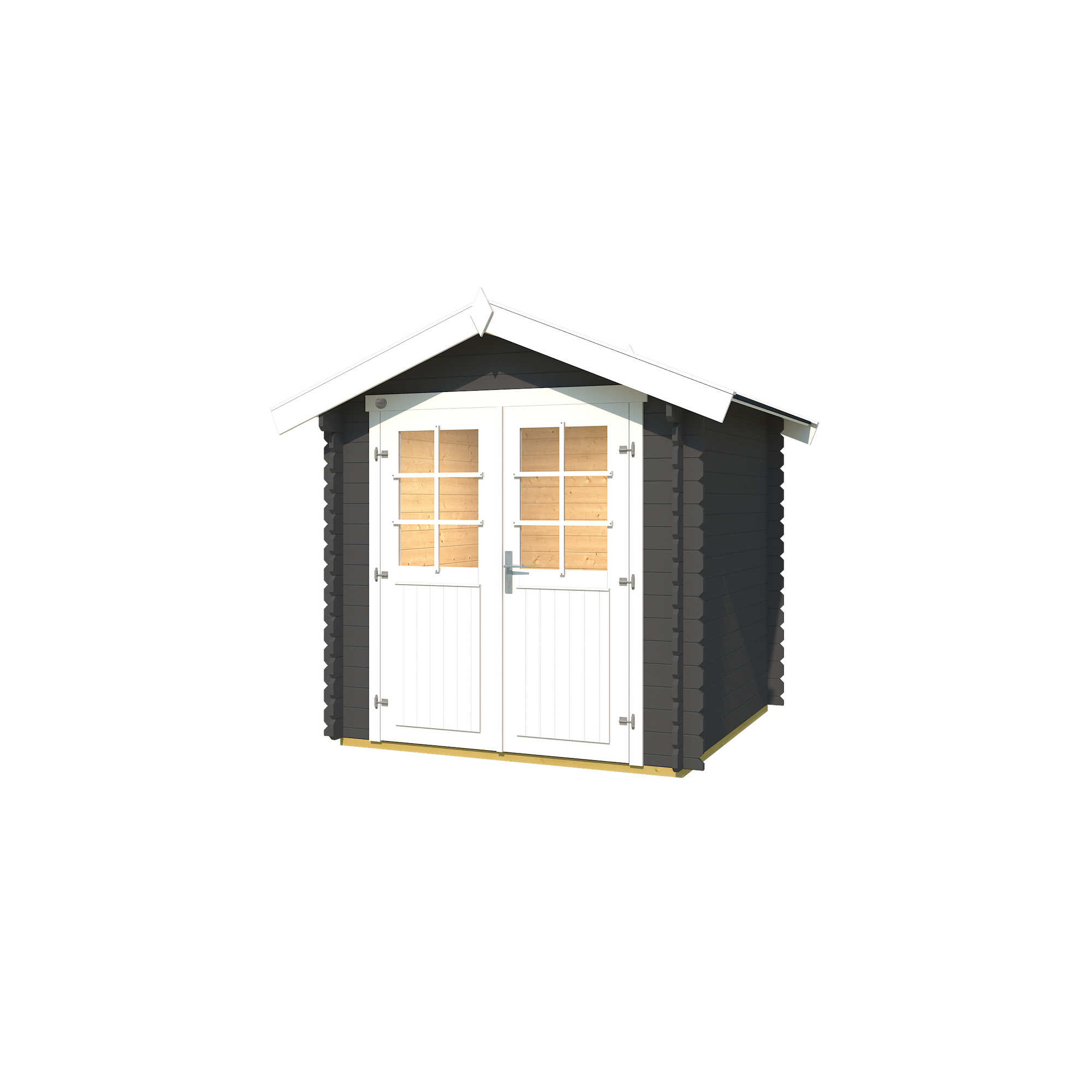 Gartenhaus graphitgrau mit weißen Türen