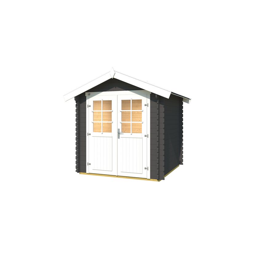 Gartenhaus graphitgrau mit weißen Türen