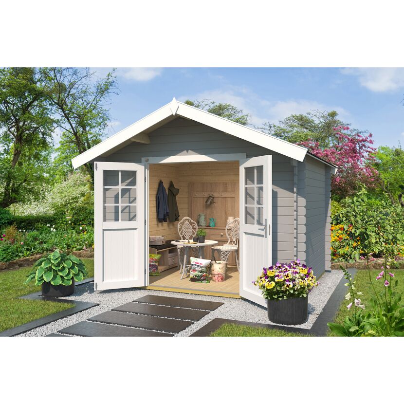 Graues Gartenhaus mit geöffneten Türen