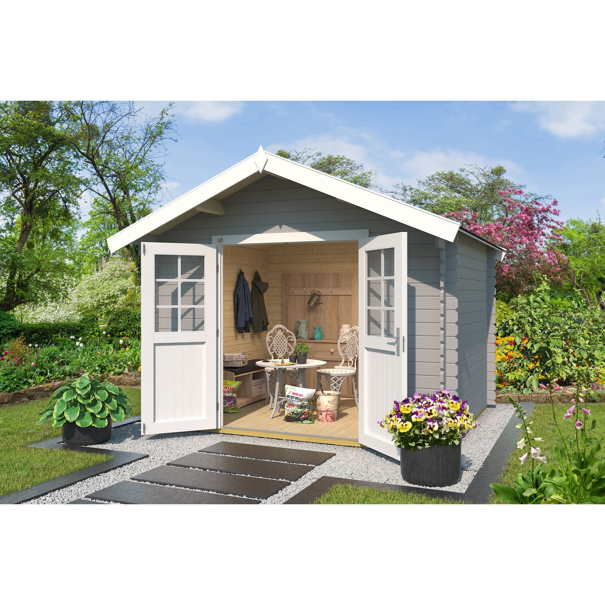 Graues Gartenhaus mit geöffneten Türen