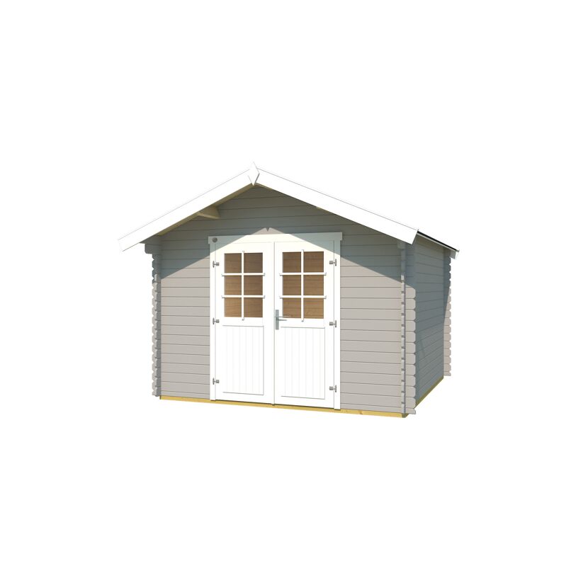 Graues Gartenhaus mit weißen Türen