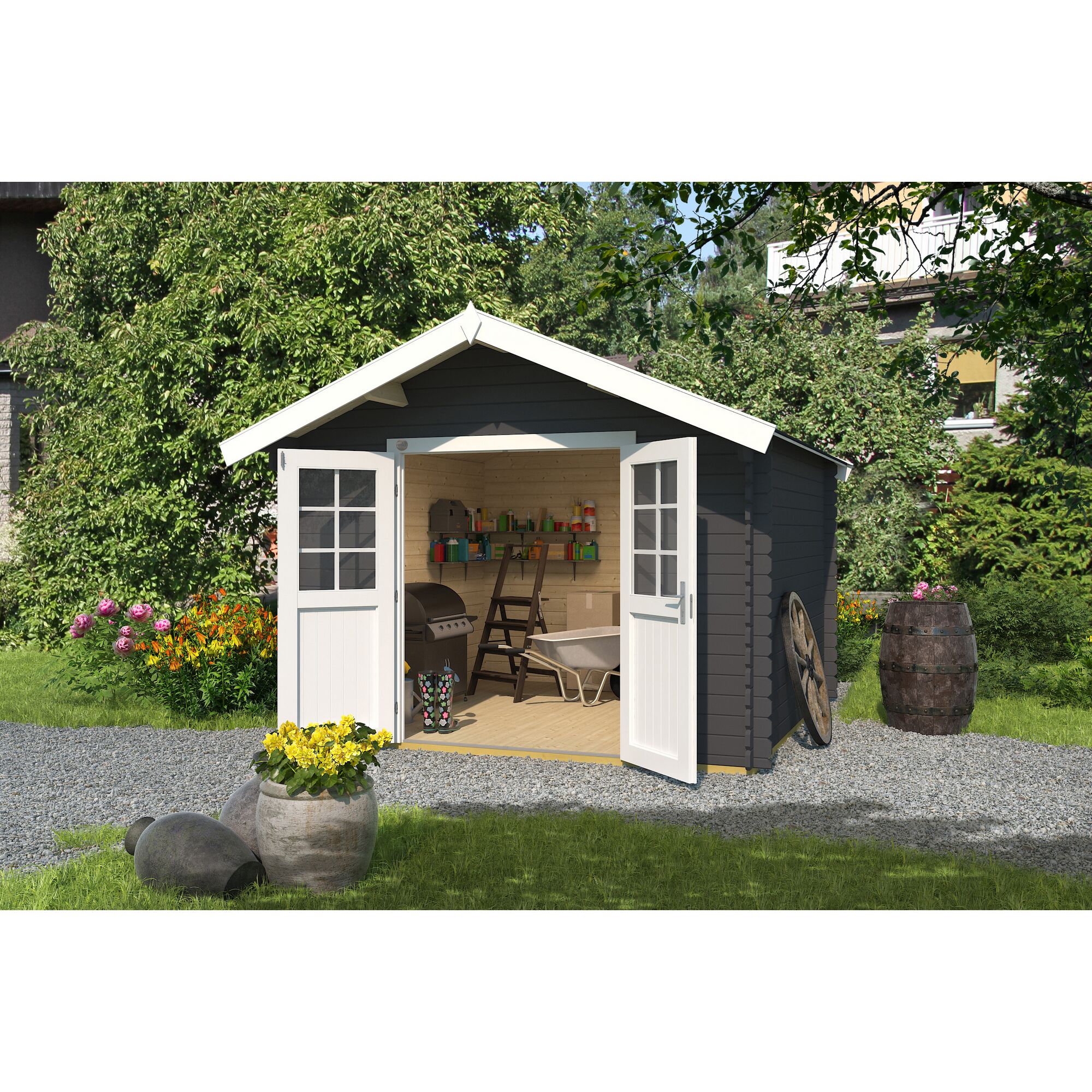 Gartenhaus mit geöffneten Türen, Werkbank und Grill