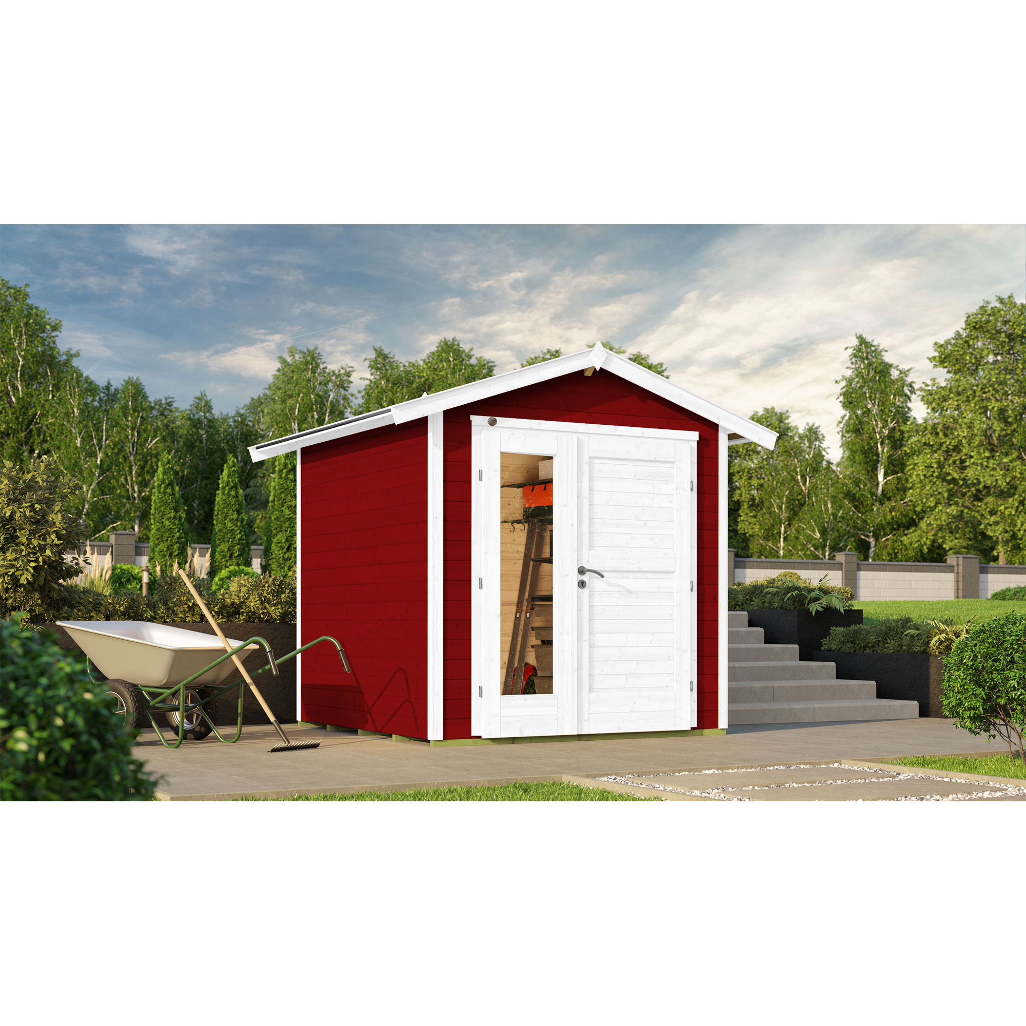 Rotes Gartenhaus mit weißer Tür