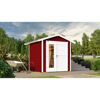 Rotes Gartenhaus mit weißer Tür