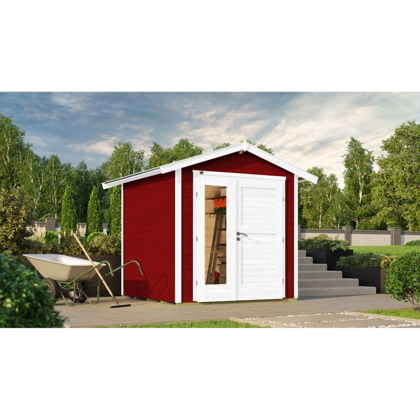 Rotes Gartenhaus mit weißer Tür