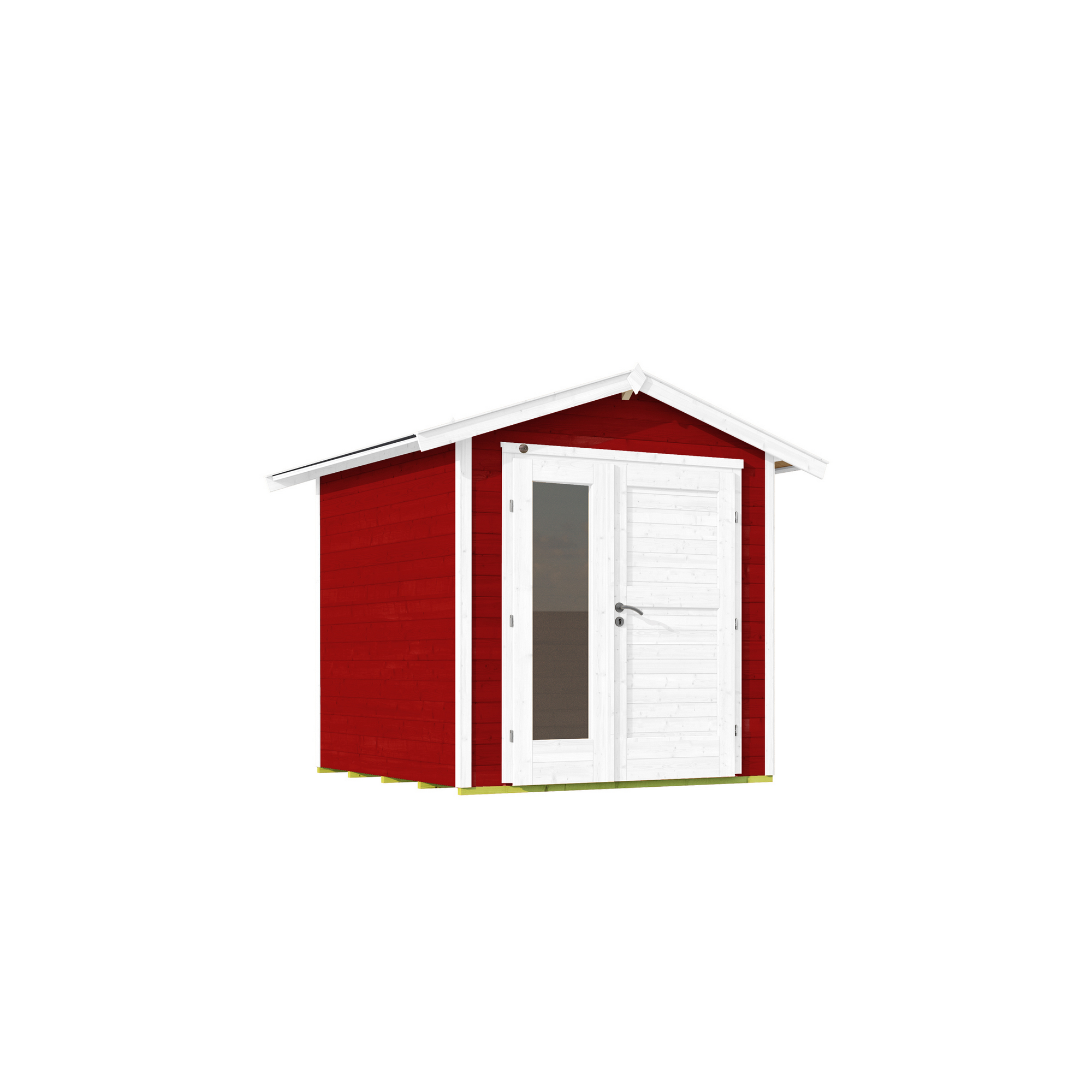 Rotes Gartenhaus mit weißer Tür
