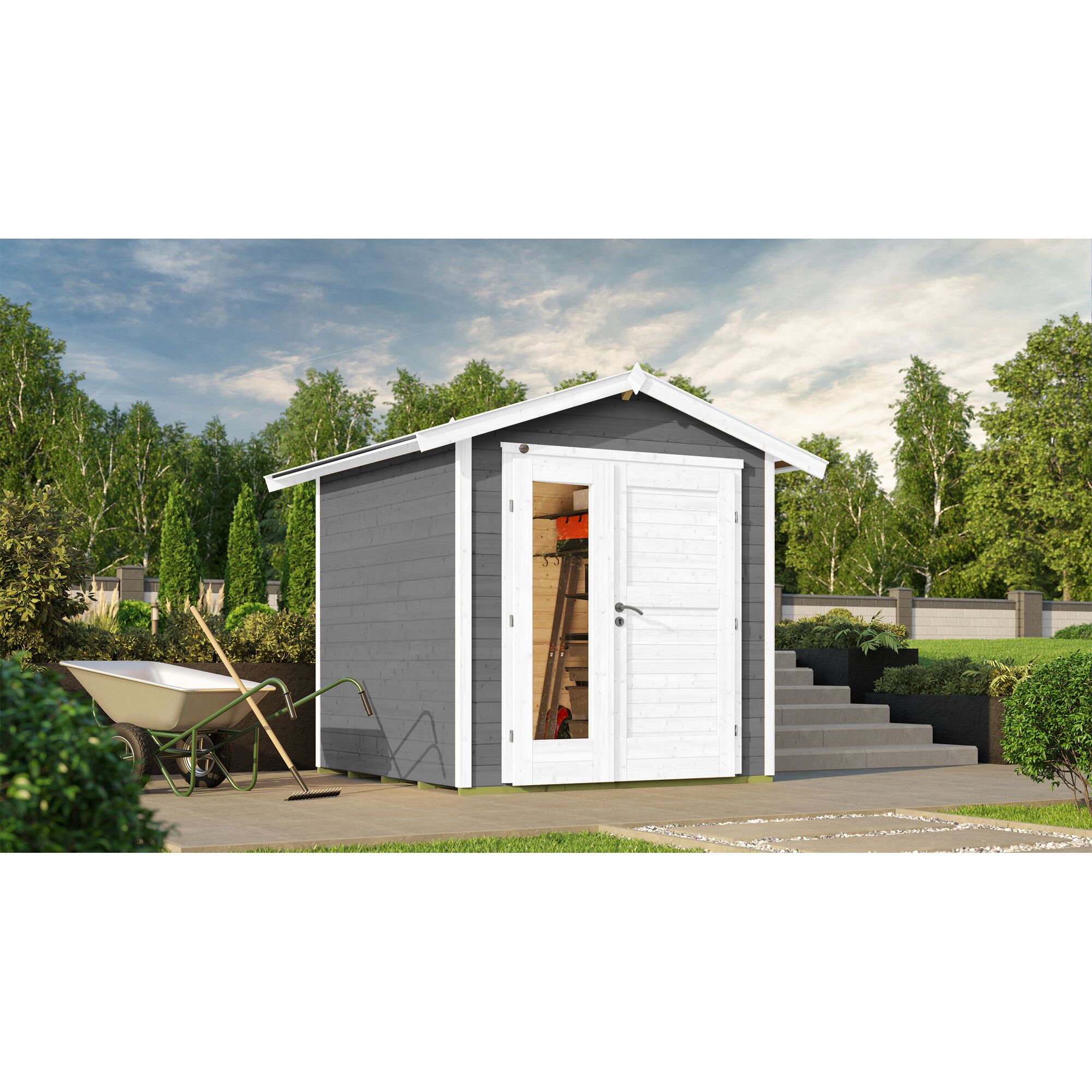 Gartenhaus mit offener Tür und Harke