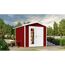 Rotes Gartenhaus mit weißer Tür