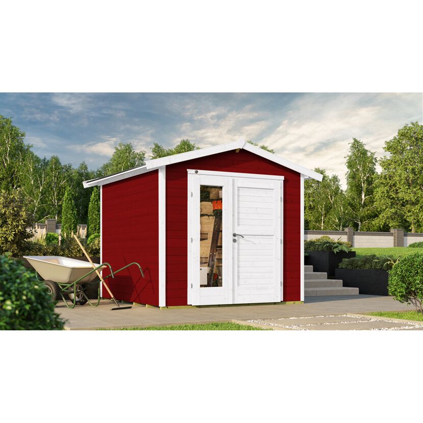 Rotes Gartenhaus mit weißer Tür