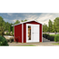 Rotes Gartenhaus mit weißer Tür