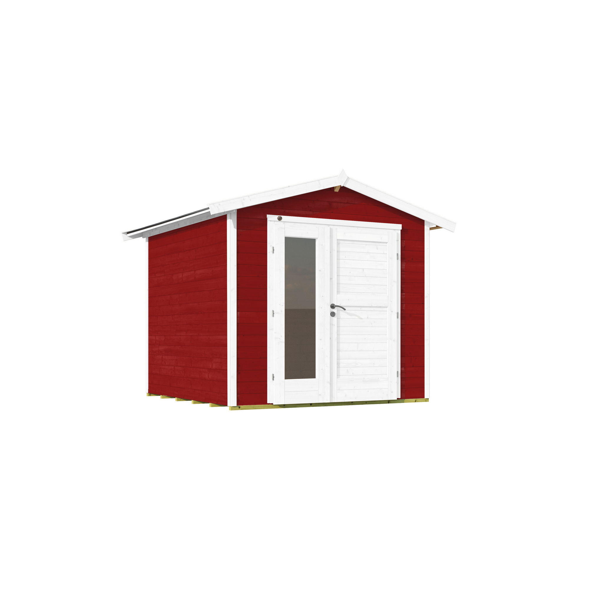 Rotes Gartenhaus mit weißen Fenstern und Türen