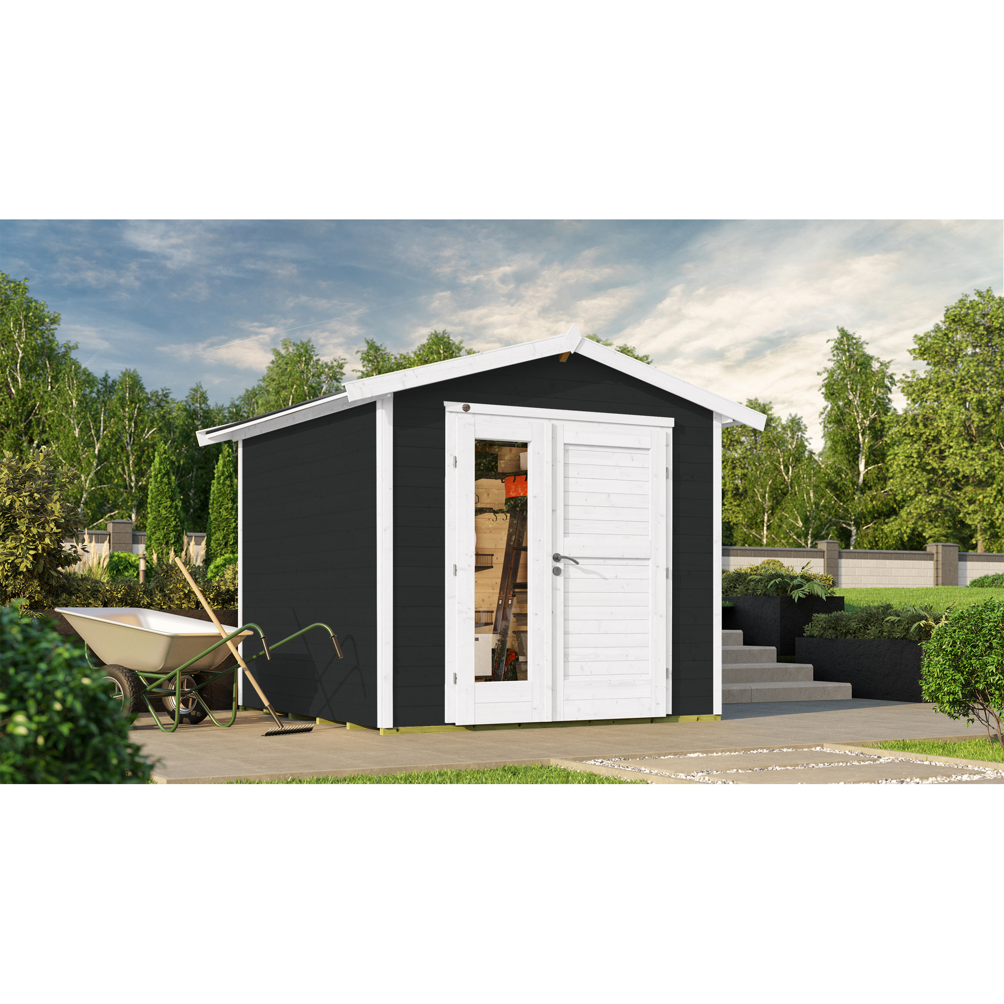 Gartenhaus mit geöffneter Tür und Gartenwerkzeug