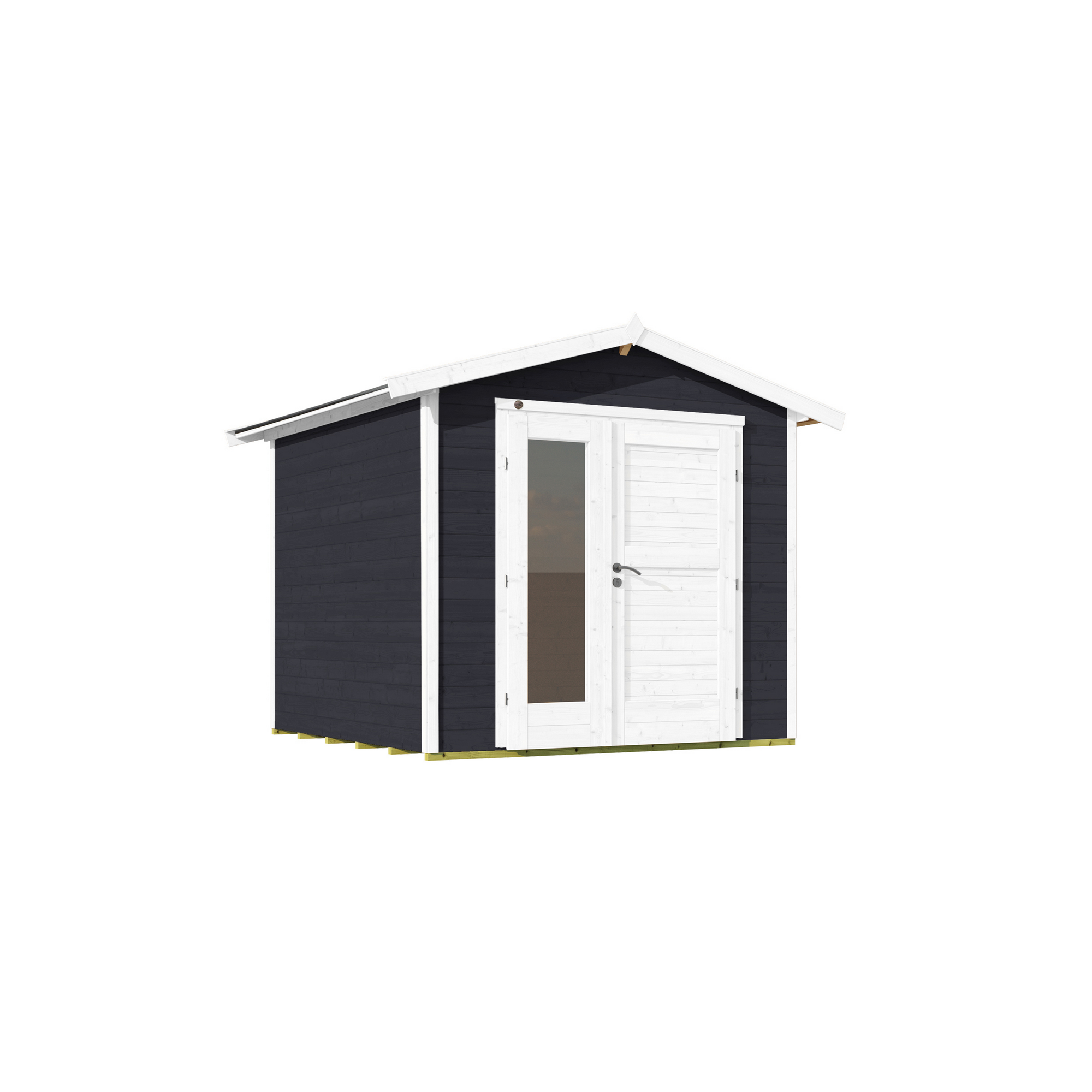 Schwarzes Gartenhaus mit weißer Tür