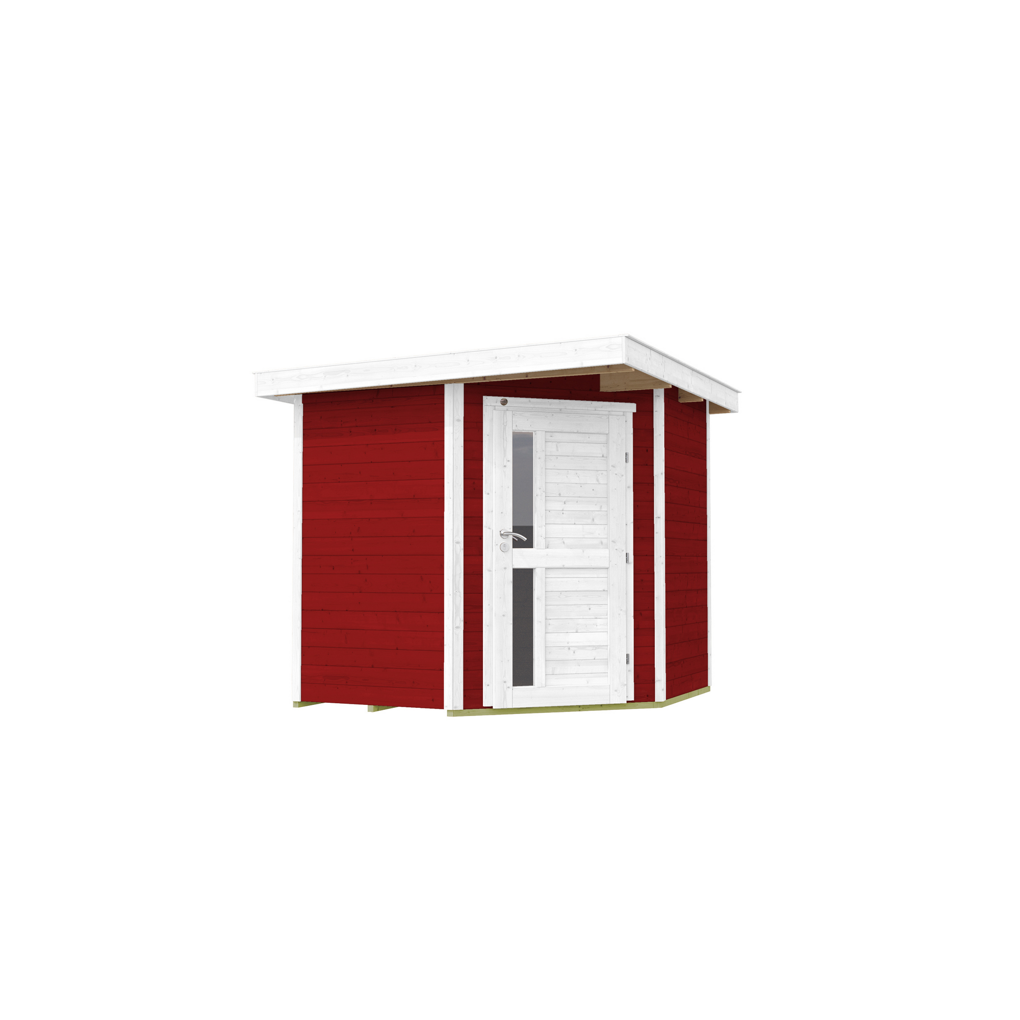 Rotes Gartenhaus mit weißer Tür