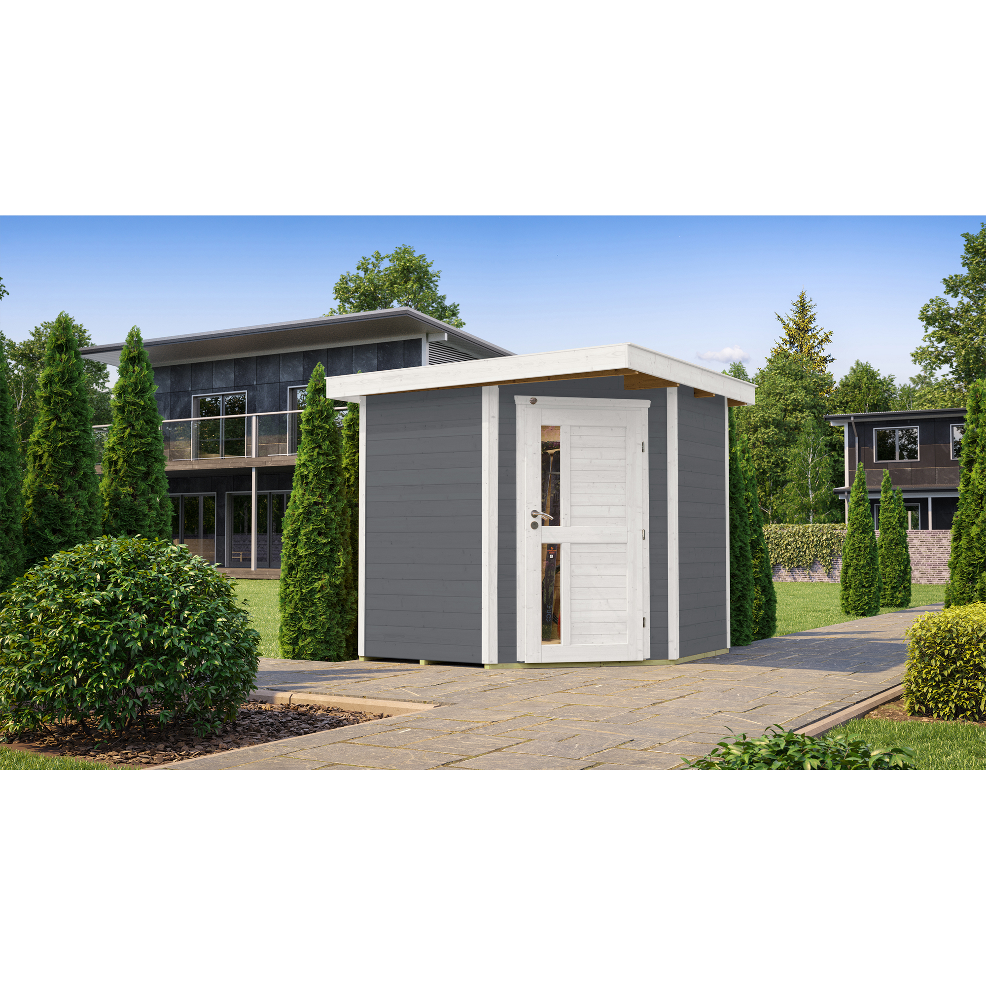 Graues Gartenhaus mit weißer Tür